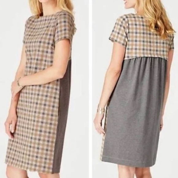 J Jill Wear‎ to Work Ponte Knit Dress Gray Camel Plaid Pullover Shift Size Large - Picture 1 of 6